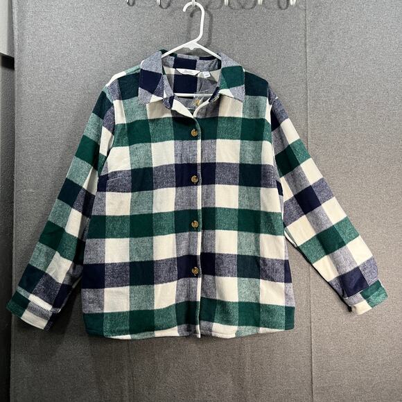 Denim & Co. Canyon Retreat Cozy Plaid Collared Button Front Shac Green X-Large - Picture 1 of 10